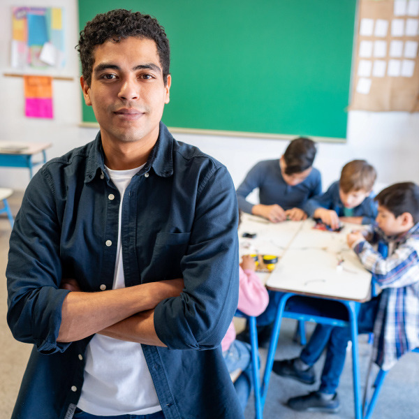 teacher standing facing forward arms crossed in classroom students sitting around desk working