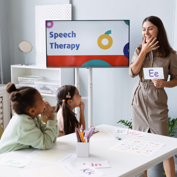 students sitting at table in classroom learning from speech language teacher