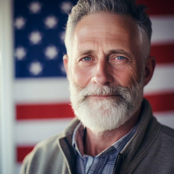 man facing forward smiling standing in front of American flag