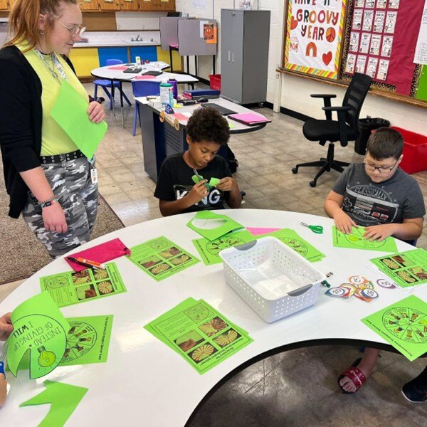 four students sitting around table in classroom working on project teacher standing next to students