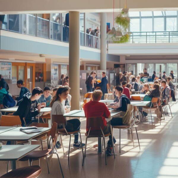 students sitting at tables in cafeteria talking to each other