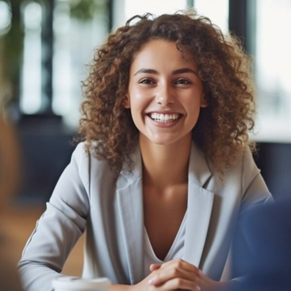 female worker sitting at desk smiling working with two coworkers