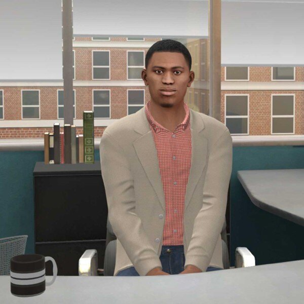 experiential reality image of man sitting at desk in office facing forward