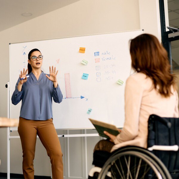 three coworkers in conference room working together using whiteboard